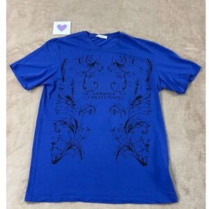 Vintage Versace Collection Baroque Shirt Mens Medium Blue Short Sleeve EUC